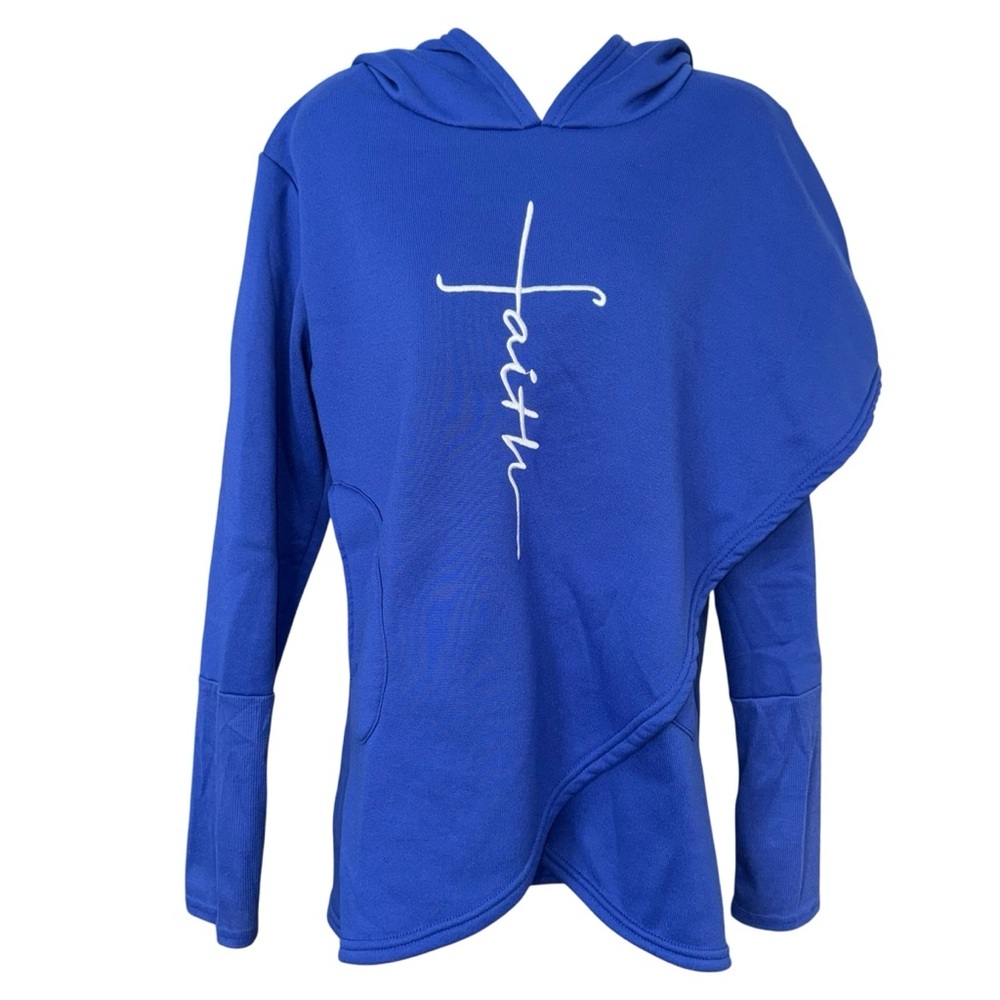 Faith Cross Christian Hoodie Blue Asymmetrical Wrap Pullover Women’s Large